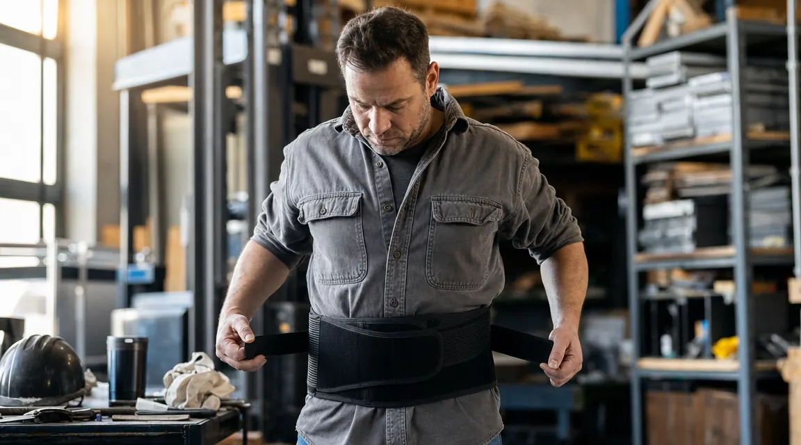 Worker cinching a lumbar back brace over a work shirt in a warehouse setting, morning light