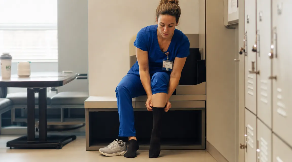 Nurse in scrubs putting on compression socks before a long hospital shift