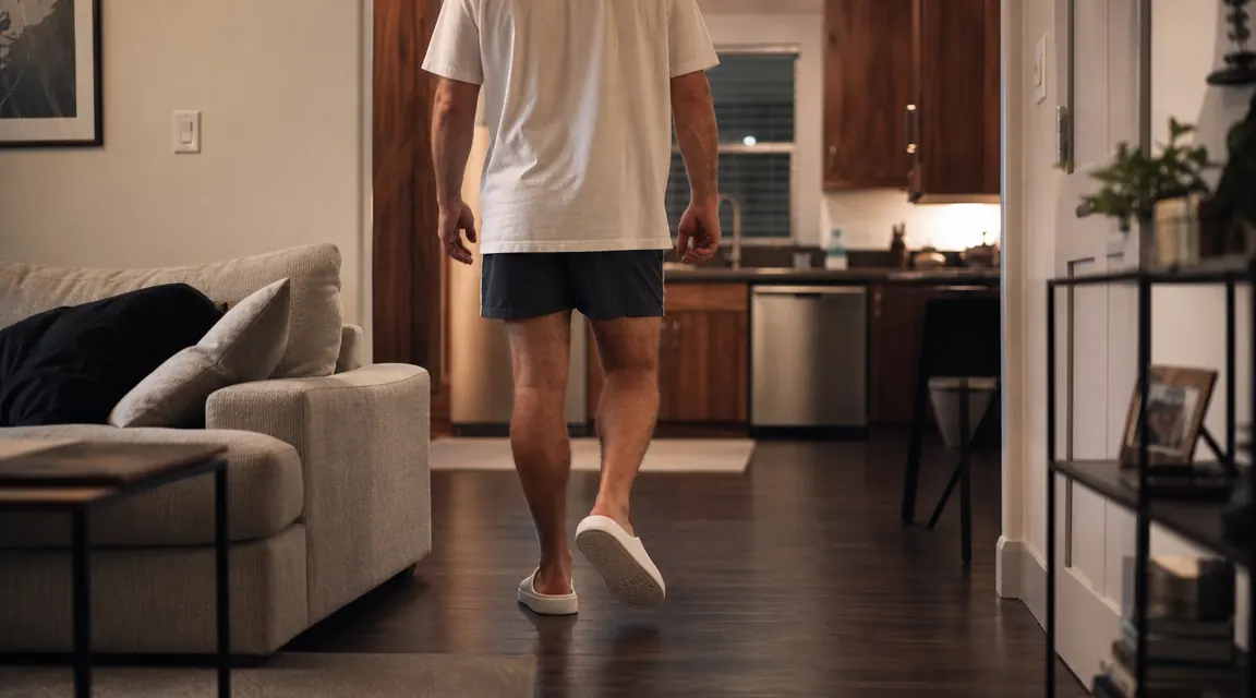 Person wearing recovery slides walking across hardwood floors at home after work, relaxed posture