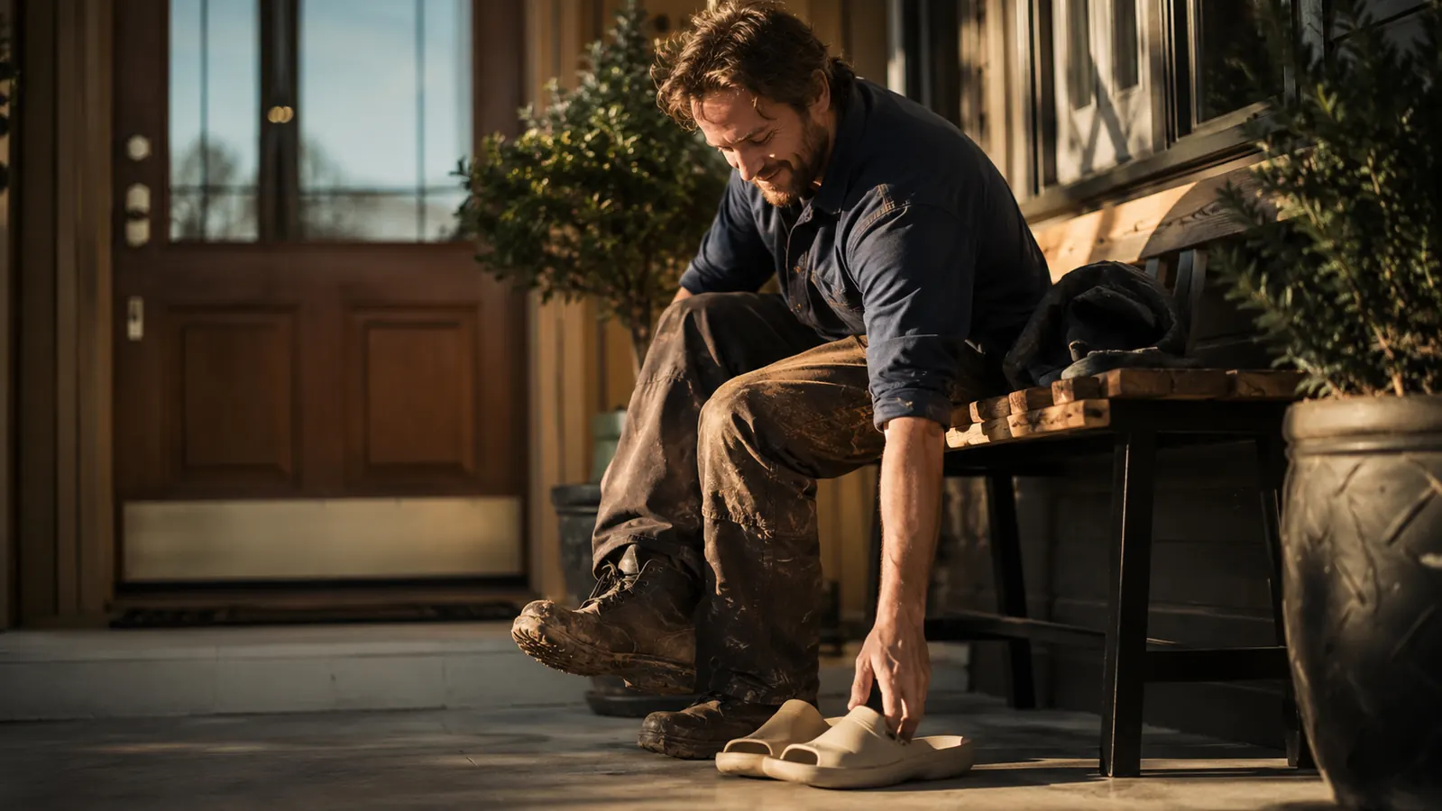 Tired worker slipping into recovery slides after a long shift, feet resting on a mat near the front door