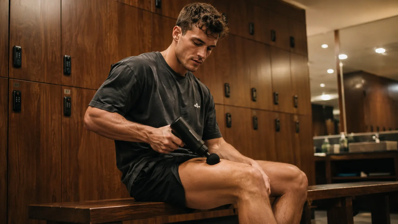 Person using a percussion massage gun on sore quads after a heavy leg day workout, gym bag and foam roller visible in background