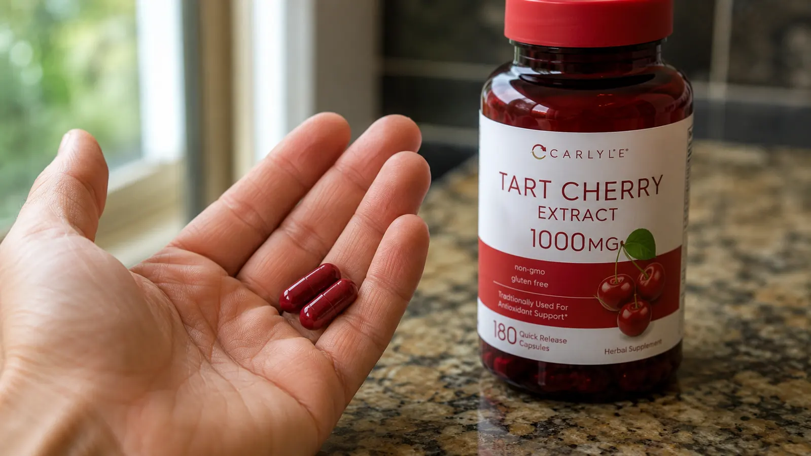 Hand holding two small red supplement capsules over a palm, tart cherry bottle visible in background on a kitchen counter