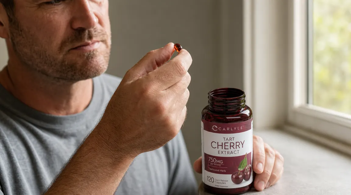 Hand holding a small amber capsule up to bright window light, examining it closely, bottle open on counter below