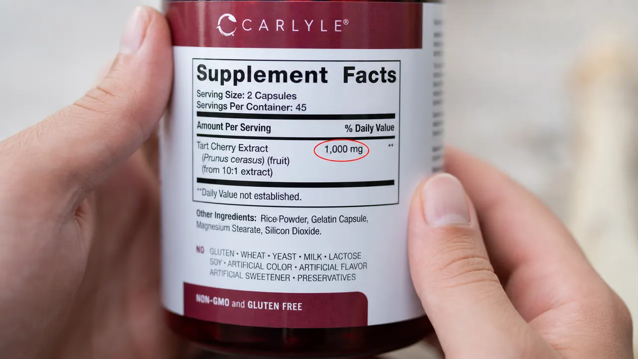 Supplement label close-up showing supplement facts panel with 1000mg tart cherry extract per serving highlighted
