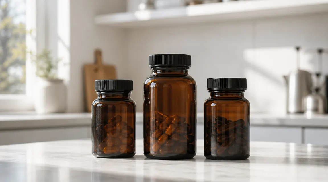 Three tart cherry supplement bottles lined up on a countertop, the Carlyle bottle in the center flanked by two pricier alternatives, kitchen window light