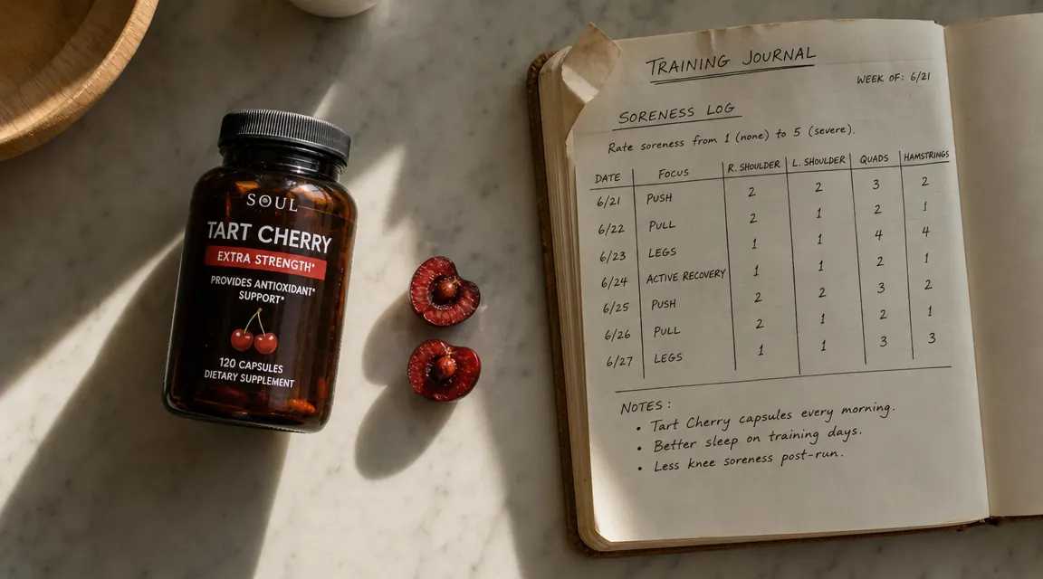 Amber supplement capsules and a halved tart cherry on a wooden surface beside a worn training journal