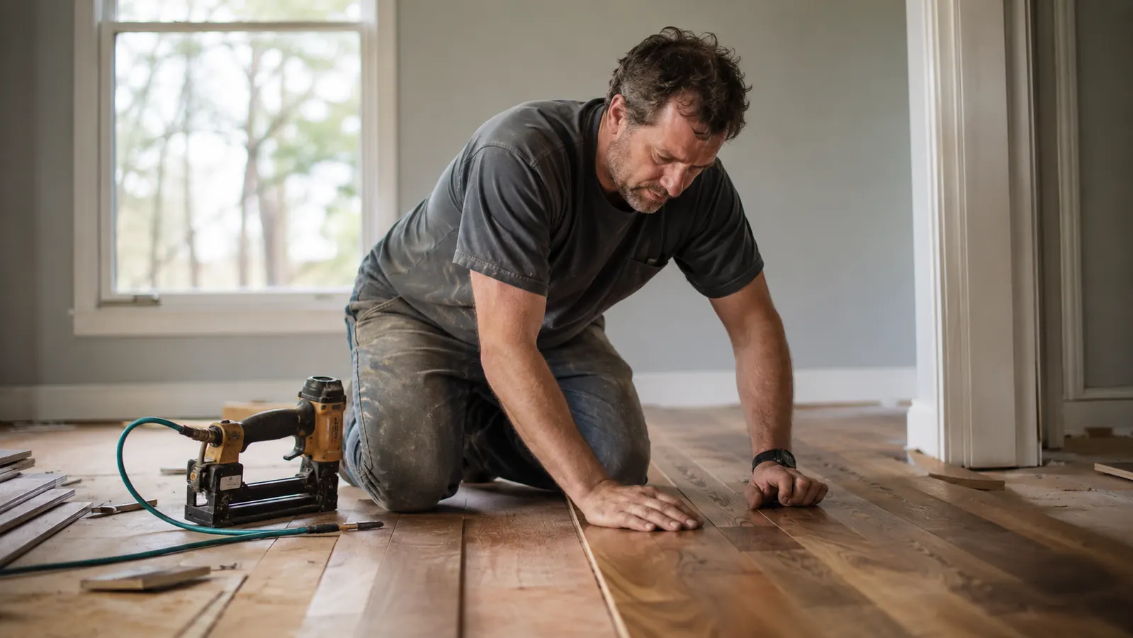 Man kneeling on a hardwood floor installing planks, work belt visible, afternoon light