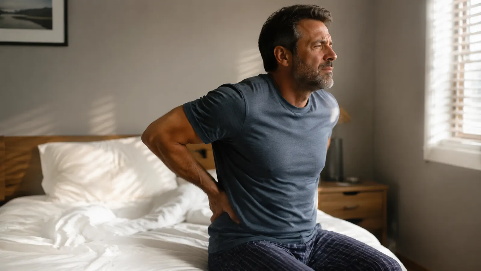 Man sitting on the edge of a bed in dim morning light, rubbing his lower back before standing