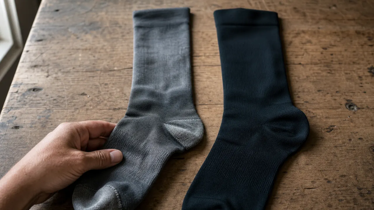 Worn compression socks laid flat next to a fresh pair, side by side on a wooden workbench, showing elasticity comparison