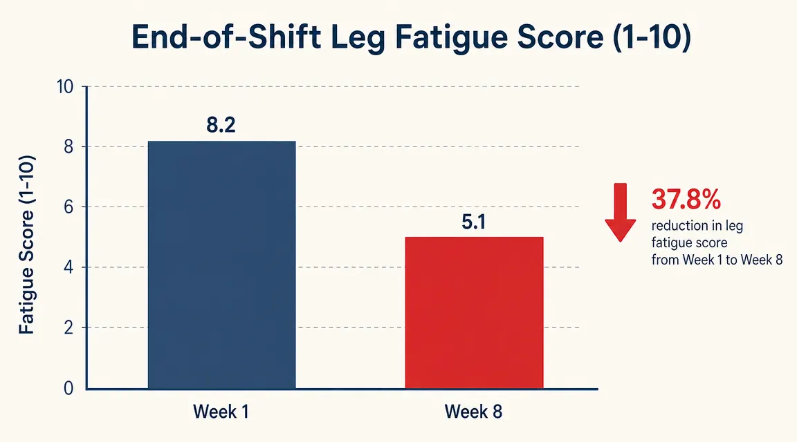 Chart showing leg fatigue score on a 1-10 scale at end of shift, week 1 vs week 8, bar graph