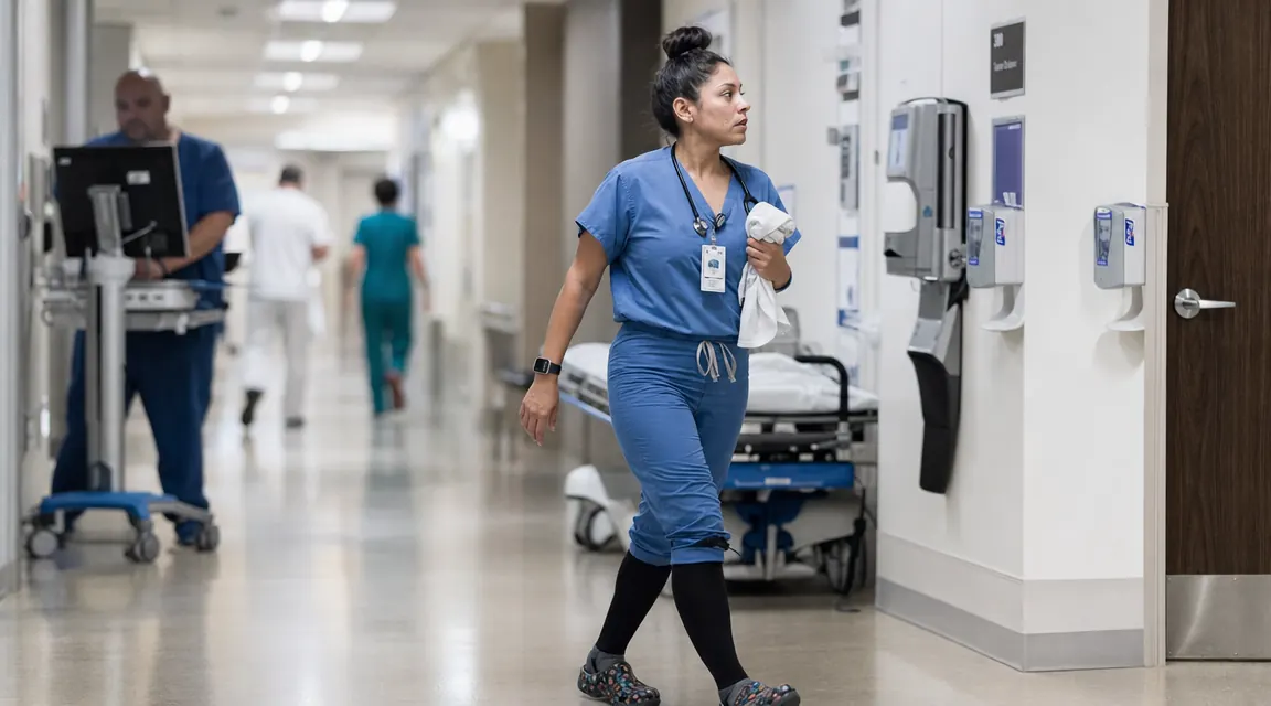 Person walking across a hospital corridor in scrubs and compression socks, motion blur in background