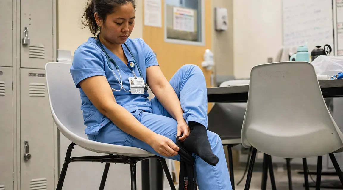 Nurse sitting in break room removing compression socks after a long shift, feet on a chair, soft overhead lighting
