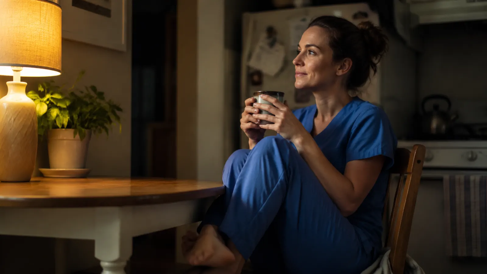 A nurse sitting at a kitchen table with a cup of coffee, relaxed after a long shift