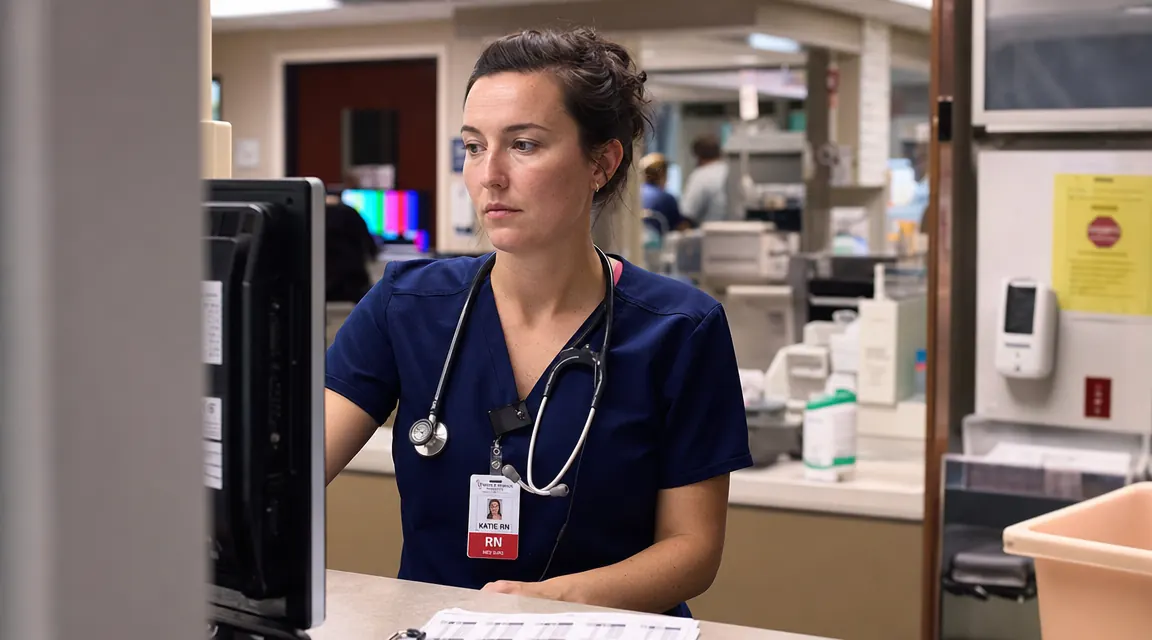 A nurse in scrubs stands at a nursing station during a long shift, looking focused but tired