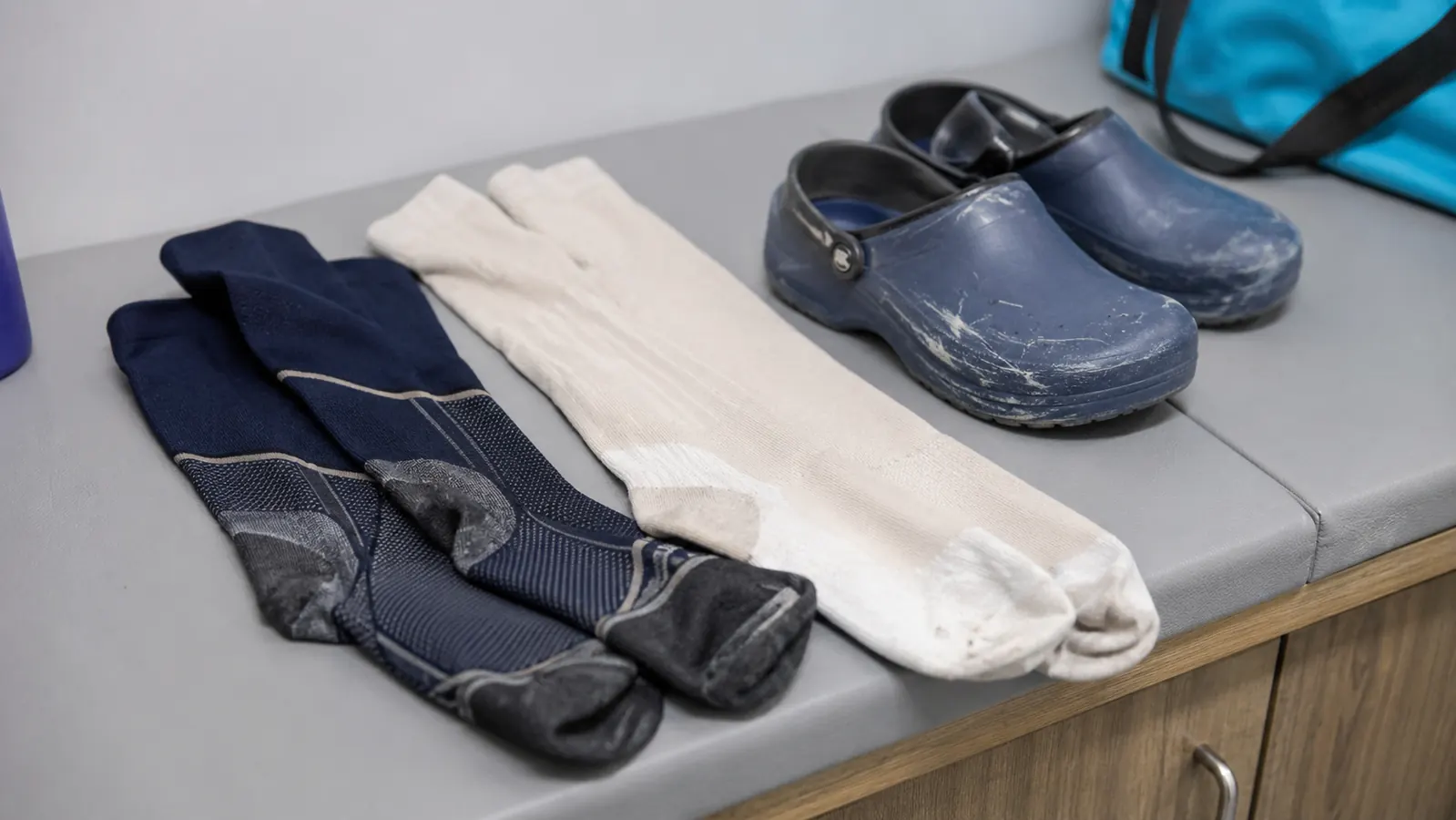 Pair of black compression socks laid flat next to a nursing clog on a break-room bench, fluorescent hospital light overhead