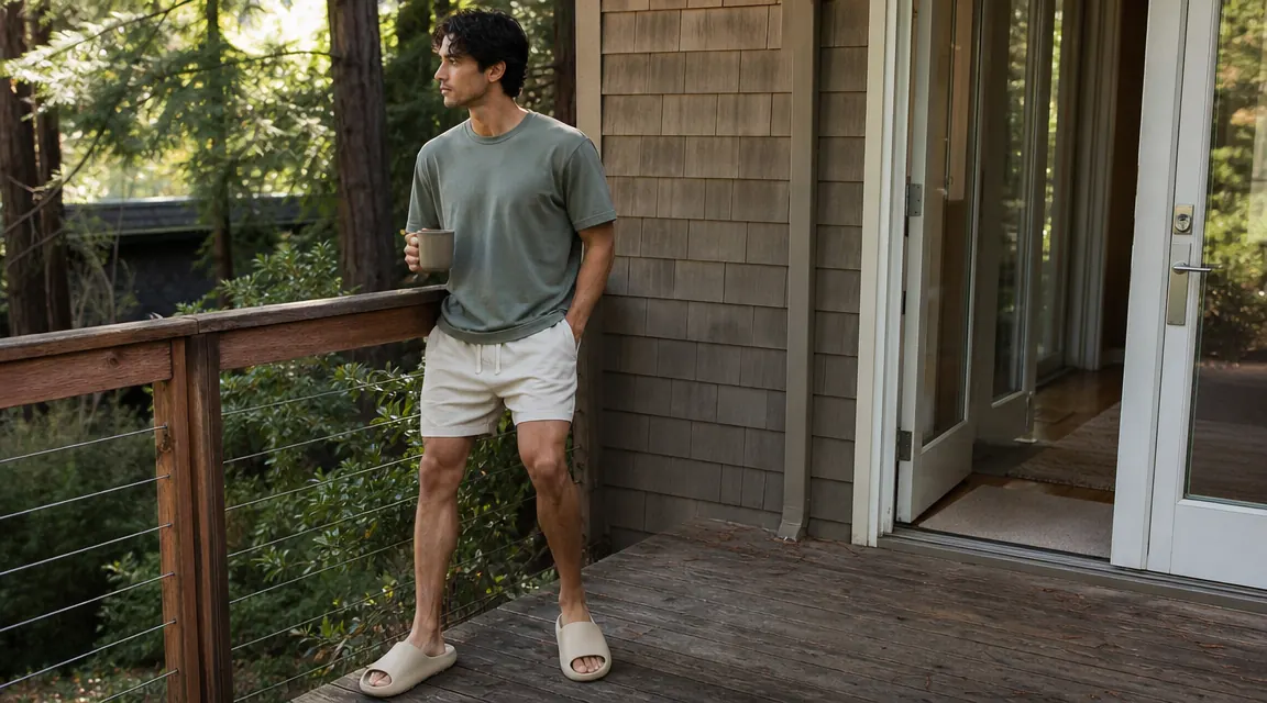 Person in recovery slides walking on a wooden deck in the early morning, coffee in hand, relaxed posture
