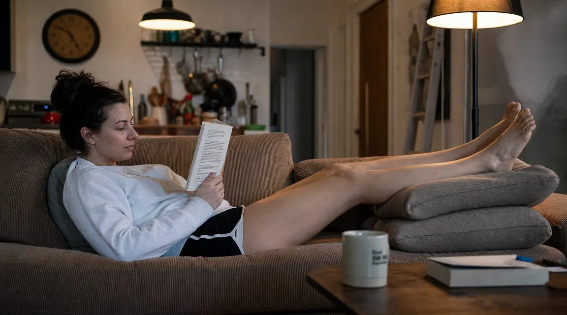 Person lying on a couch with legs elevated on two stacked pillows, ice pack on one ankle, reading a book