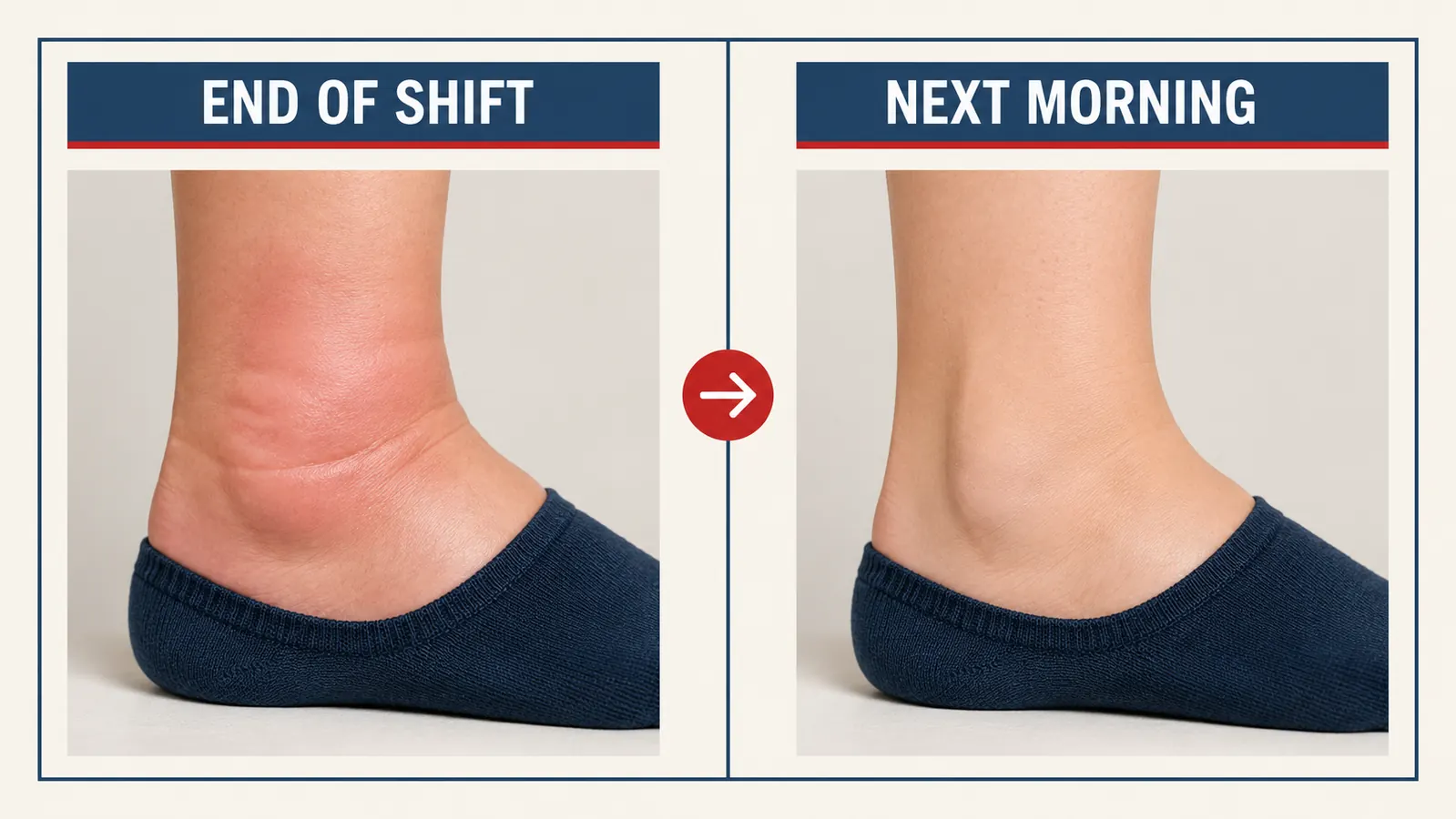 Split view showing an ankle before and after elevation and compression treatment, side-by-side comparison