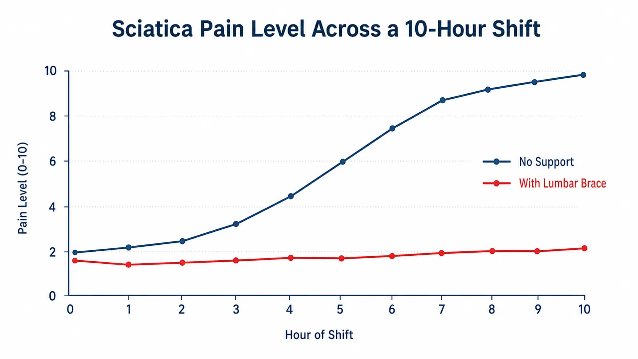 Chart showing sciatica pain levels across a work shift with and without a lumbar support brace