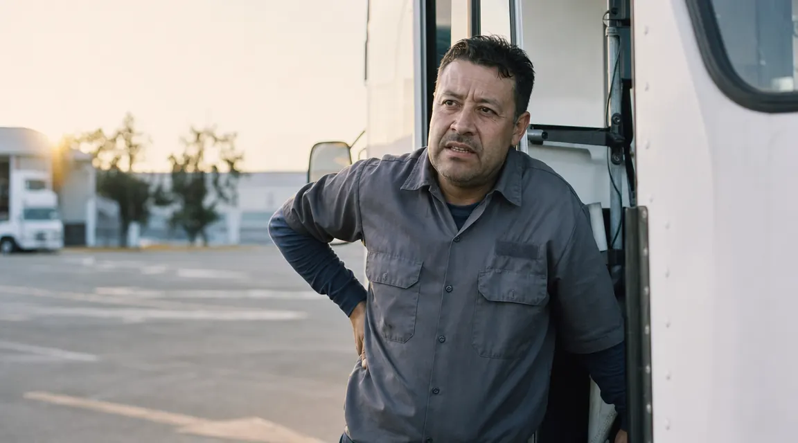 A man in work clothes standing at a delivery truck, pressing one hand into his lower back with a pained expression