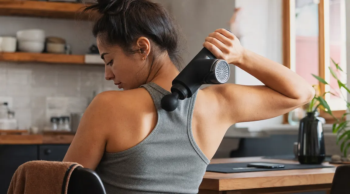 Person seated at a table pressing a massage gun against their upper back near the shoulder blade, eyes closed, relaxed expression