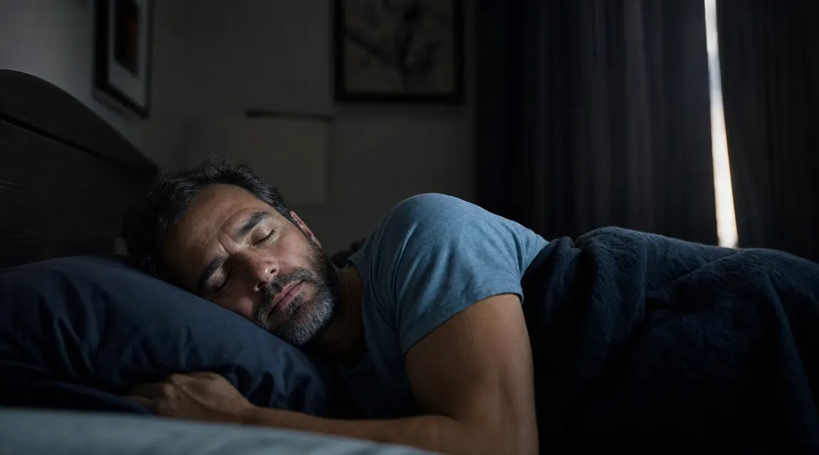Person sleeping soundly in a dark bedroom, arm relaxed, early morning light just starting at the curtain edge