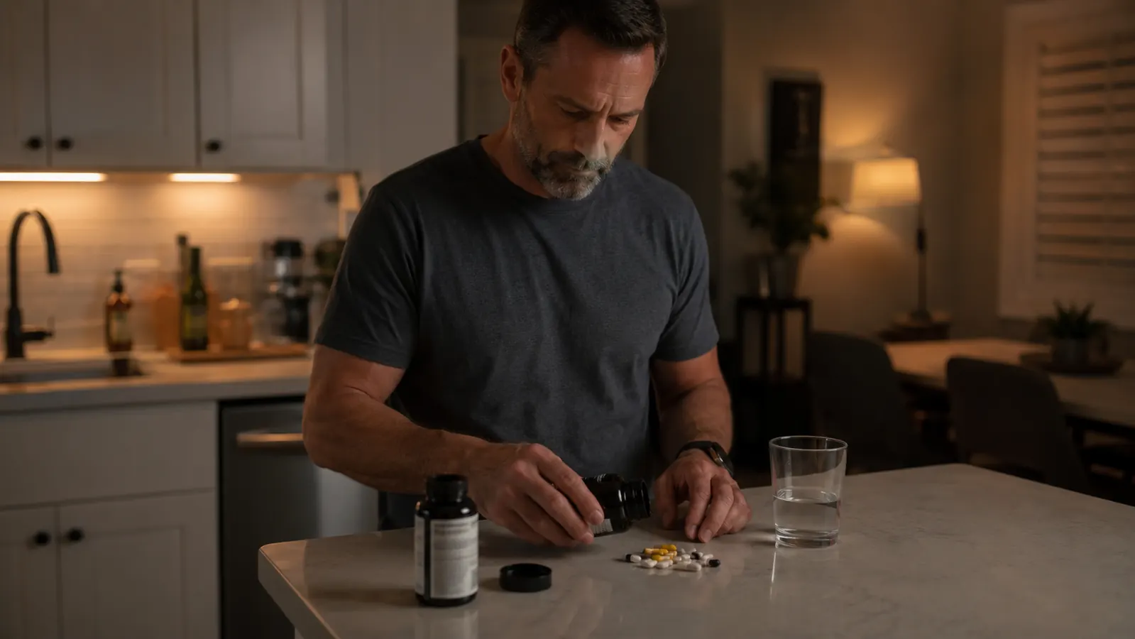 Person opening a bottle of tart cherry extract capsules on a kitchen counter at night, soft warm light
