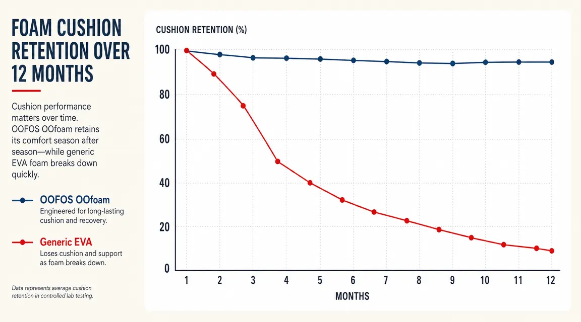 Chart showing OOFOS OOahh foam thickness retention versus generic EVA foam slide over 12 months