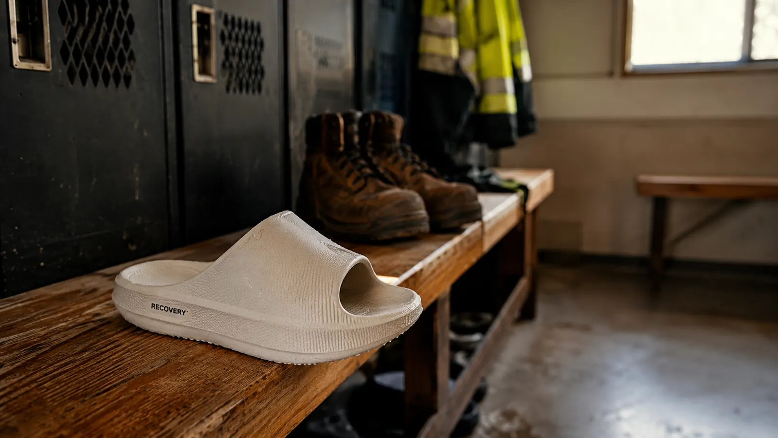 OOFOS OOahh recovery slide sitting on a locker room bench next to a pair of work boots