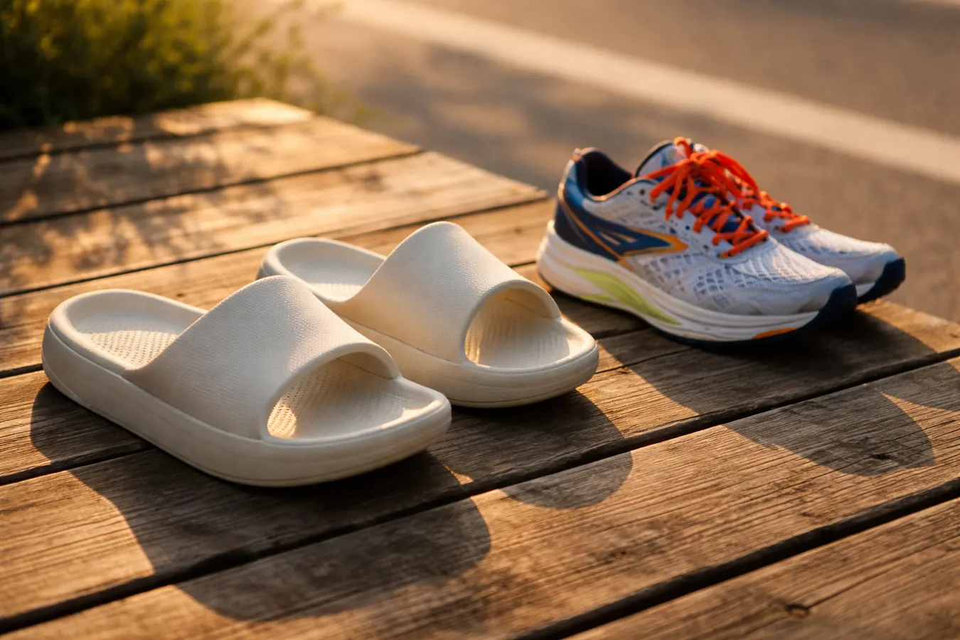 OOFOS OOahh recovery slides resting on a wooden deck beside a running shoe, soft morning light