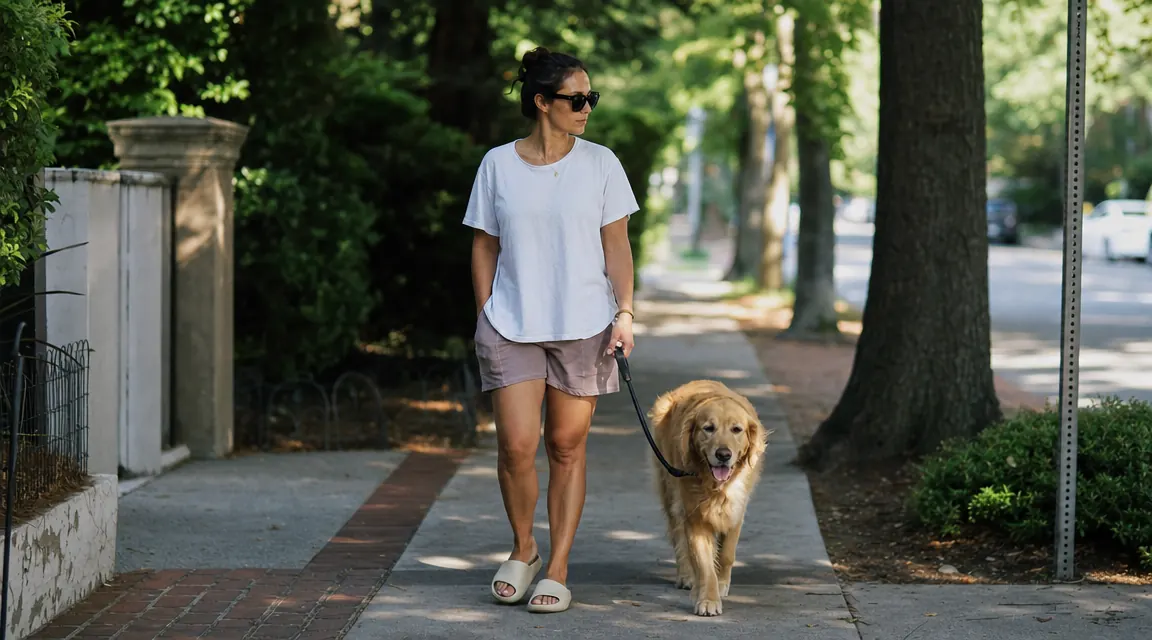Woman in casual clothes and recovery slides walking a golden retriever on a neighborhood sidewalk, relaxed and unhurried