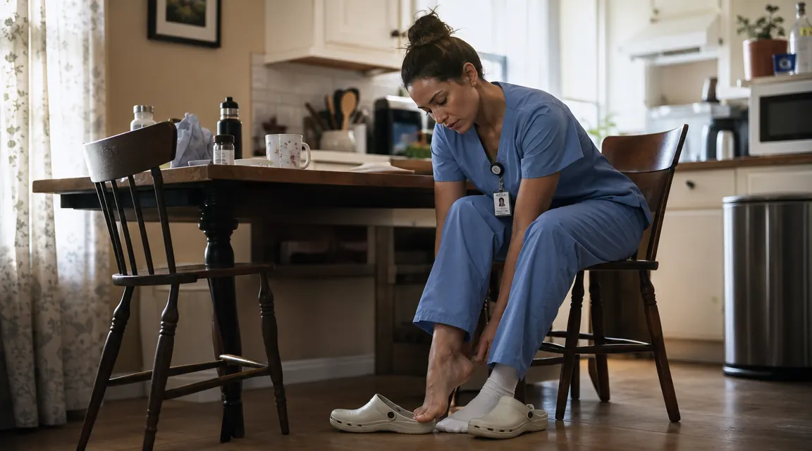 Woman in scrubs sitting at a kitchen table, removing her nursing clogs after a long shift, tired expression, morning light through window