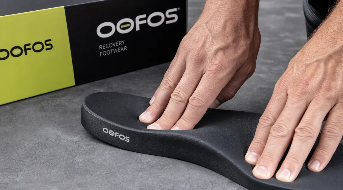 Close-up of the OOFOS OOahh slide footbed showing the deep arch support and OOfoam cushioning