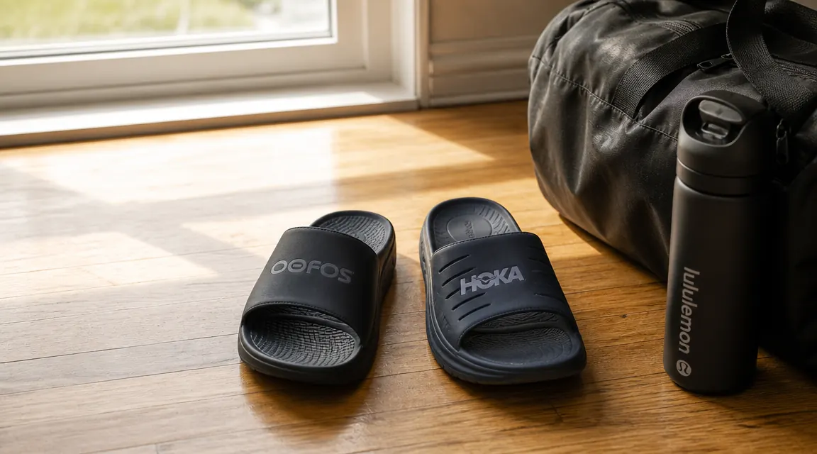 OOFOS OOahh slide and Crocs Mellow slide side by side on a wooden floor next to a gym bag