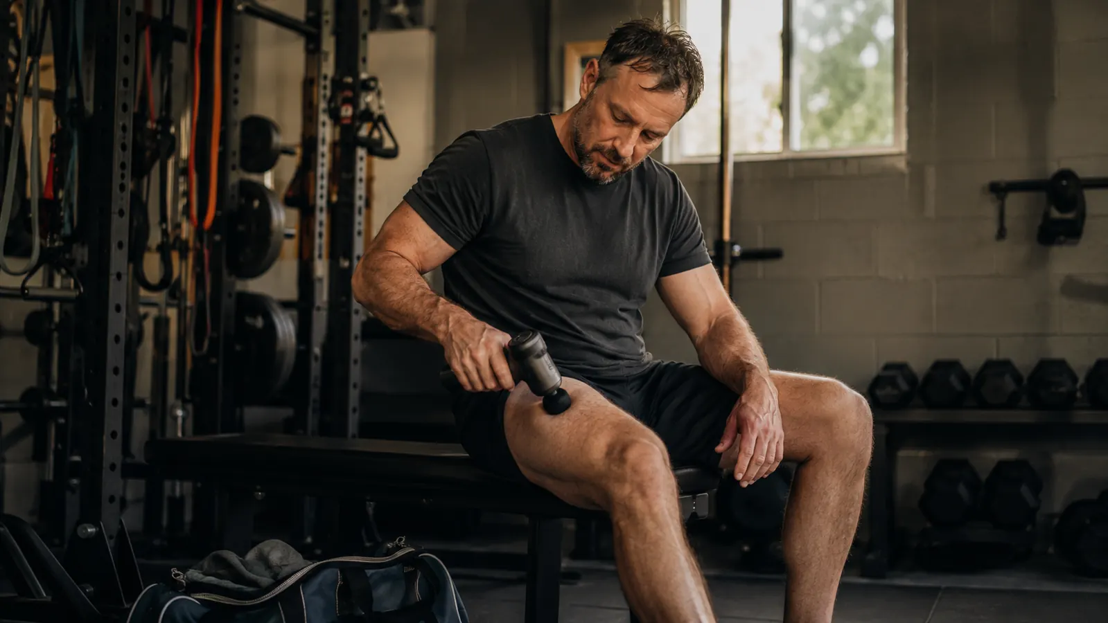 Man sitting on a weight bench after a workout, looking tired but calm, holding a percussion massage gun against his thigh