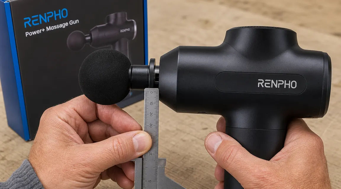 Close-up side view of a RENPHO massage gun showing the attachment head socket area with a gap indicating looseness, next to a caliper measuring the amplitude travel