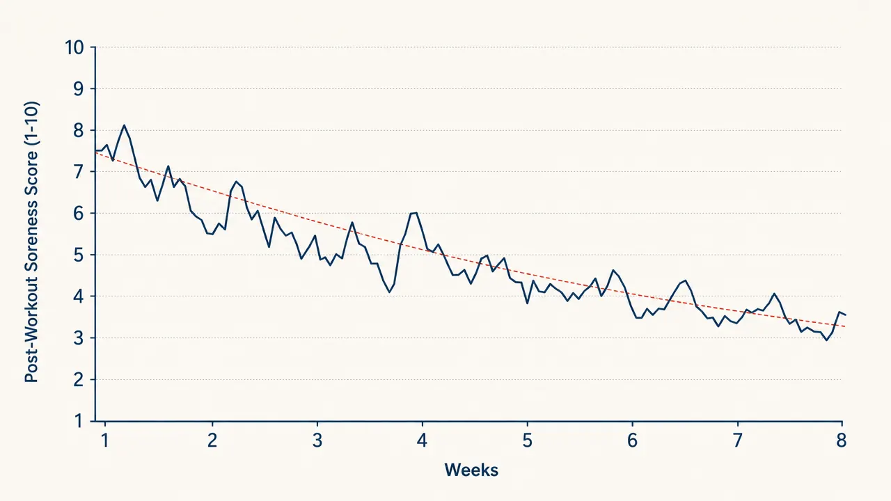 Recovery soreness score chart showing daily post-workout soreness ratings declining over eight weeks of massage gun use