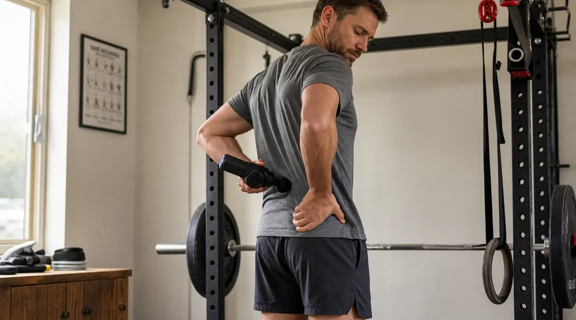 Man in gray t-shirt using a percussion massage gun on his lower back while standing in a home gym with a barbell rack in the background