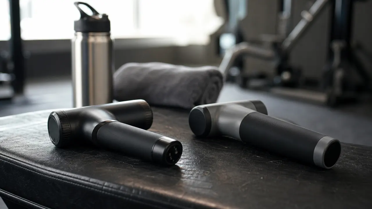 Two percussion massage guns side by side on a gym bench with a towel and water bottle in the background