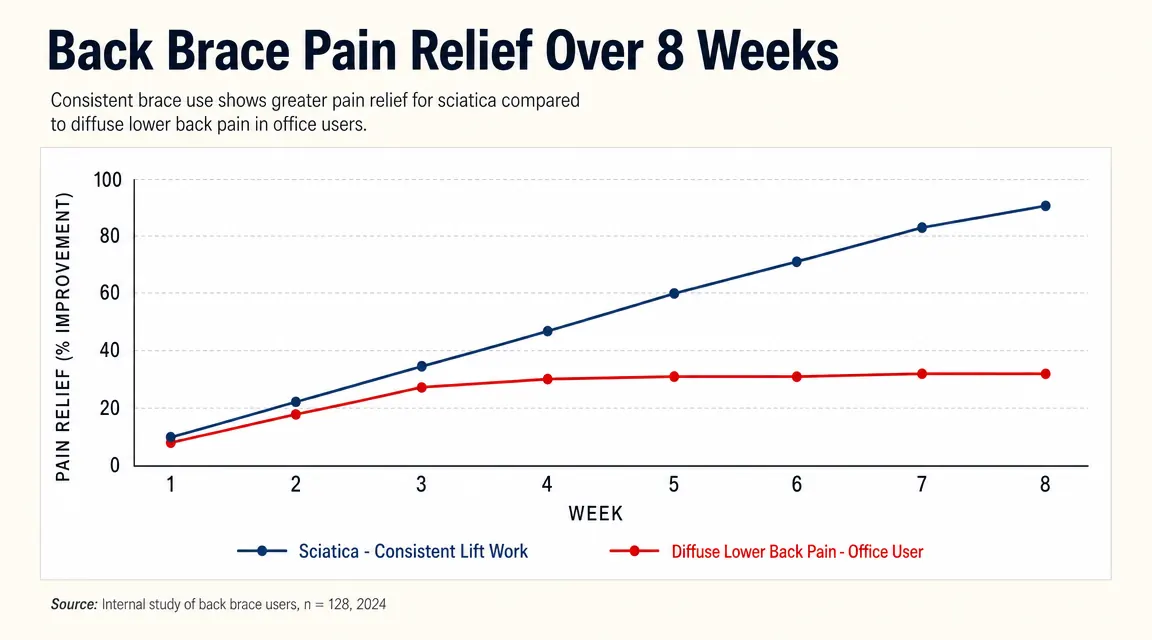 Chart showing pain relief ratings over eight weeks for two different user profiles, one showing consistent improvement and one showing a plateau after week three