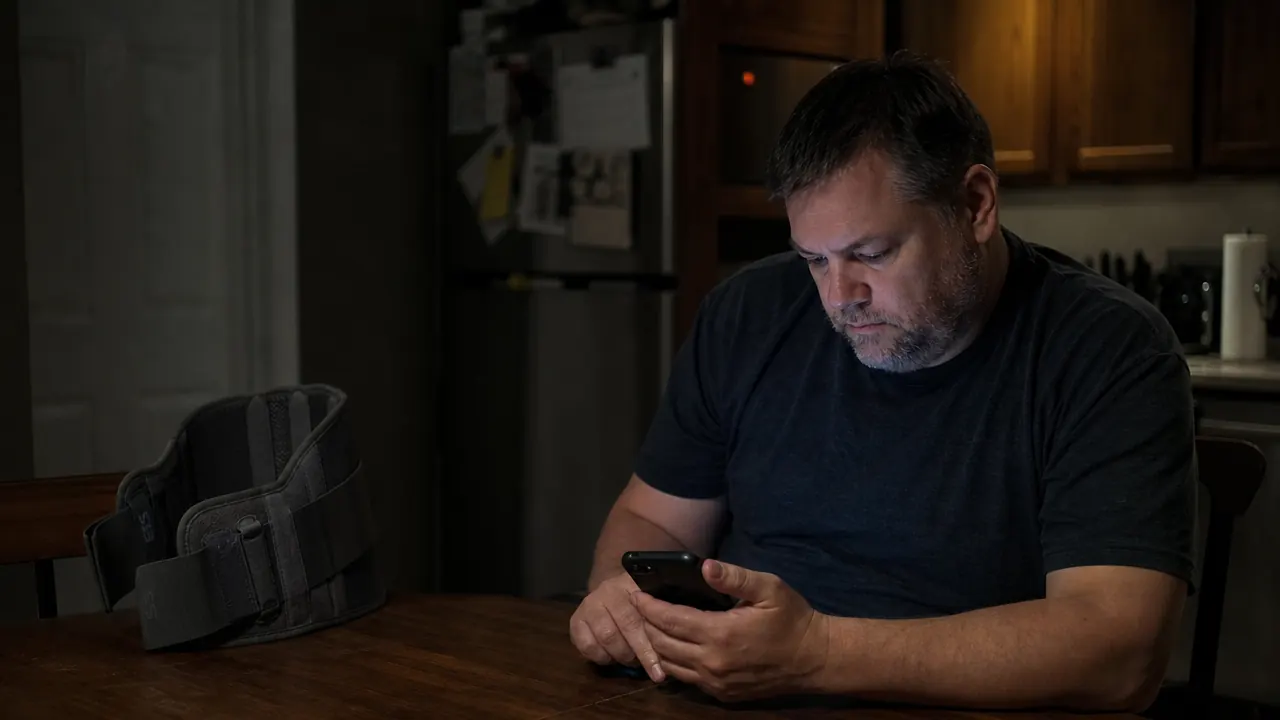 Person sitting at a kitchen table late at night, phone in hand, back brace on the table beside them, looking like they are deciding whether to return it