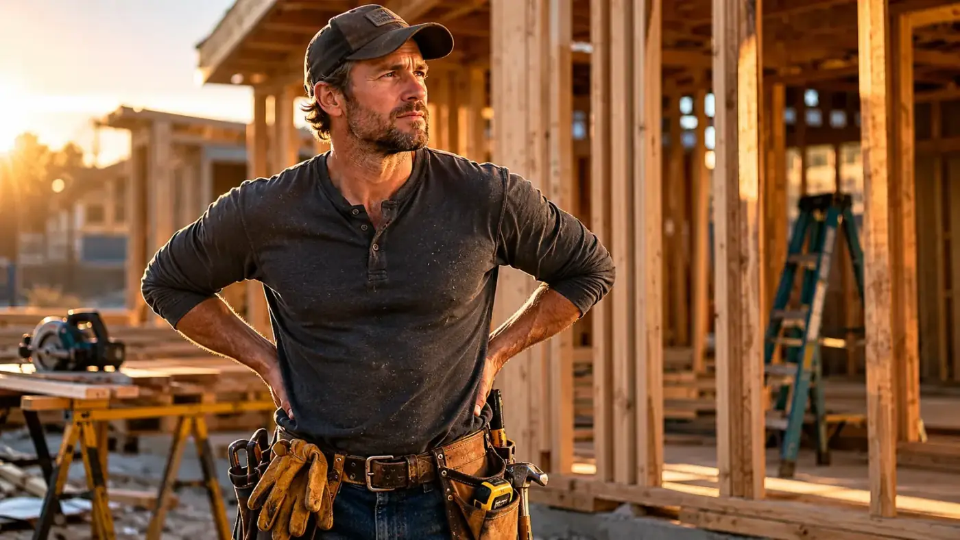 Construction worker in a gray work shirt standing on a job site, hands on lower back, morning light on lumber framing behind him