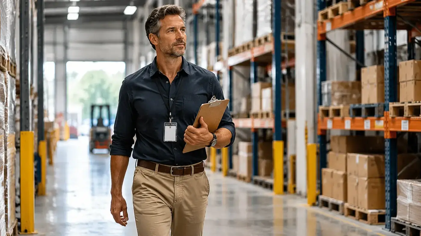 Man walking upright through a warehouse aisle with no visible pain, posture noticeably straighter