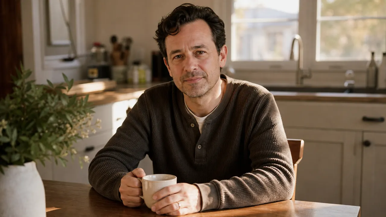 Person sitting comfortably at a kitchen table with a cup of coffee, relaxed morning posture