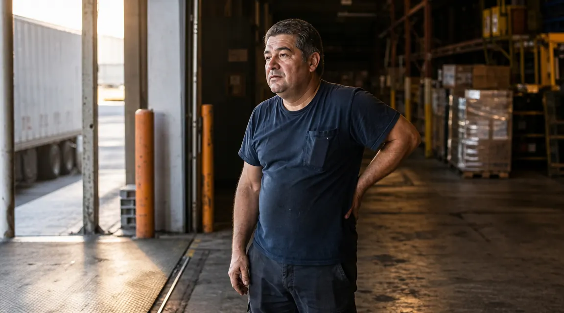 Warehouse worker resting hand on lower back at end of a long shift, industrial shelving in background