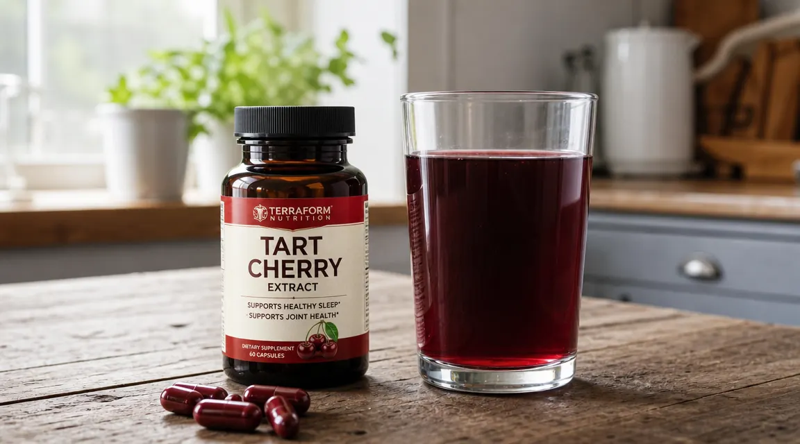 A bottle of tart cherry extract capsules beside a glass of dark red tart cherry juice on a wooden table, morning light